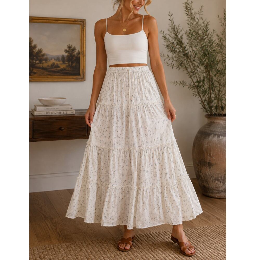 Aeropostale Boho Floral Tiered Maxi Skirt Cream Blue Gauze Cottagecore Flowy